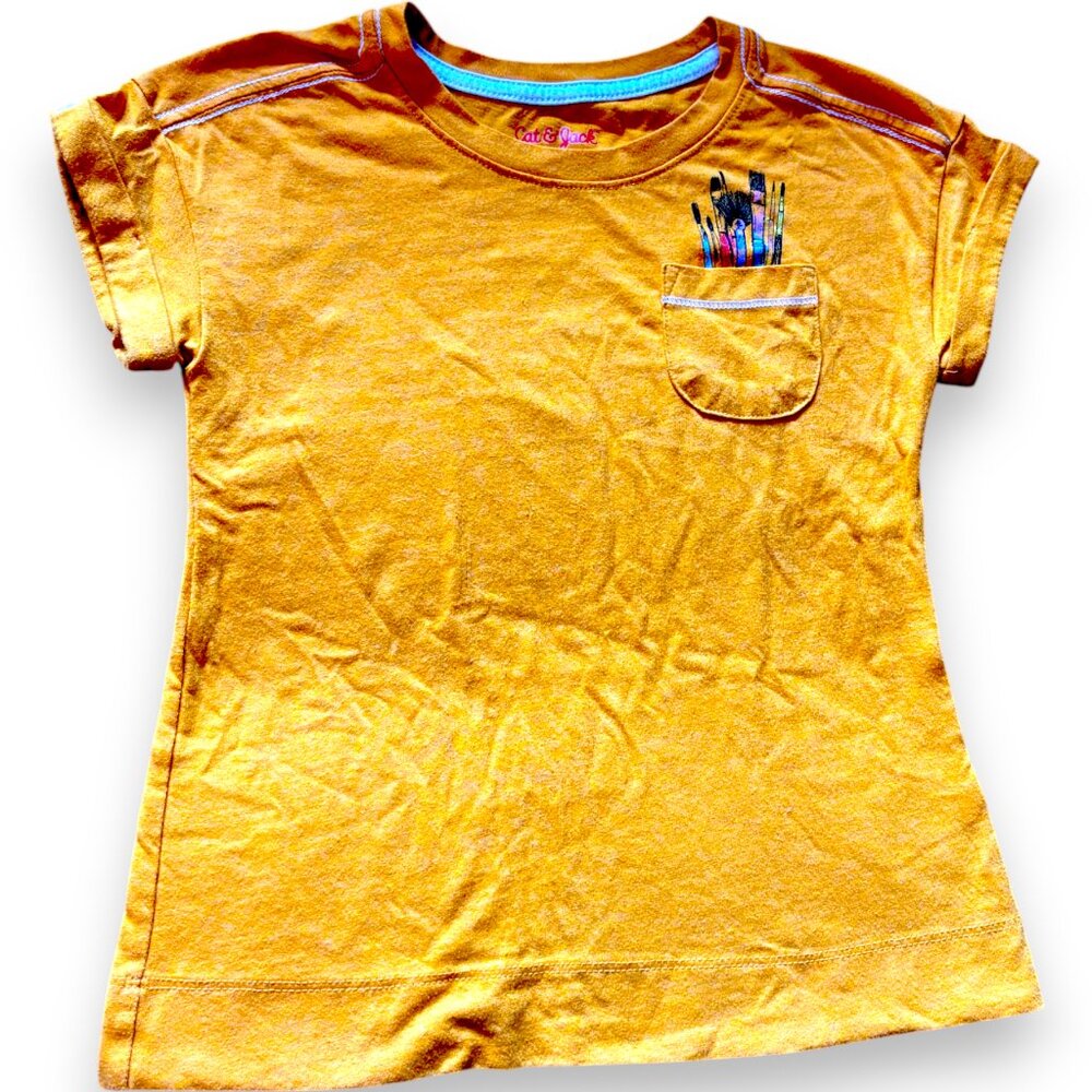 Cat and Jack girl's Art Pocket mustard yellow short sleeve tee shirt sz XS‎ 4/5